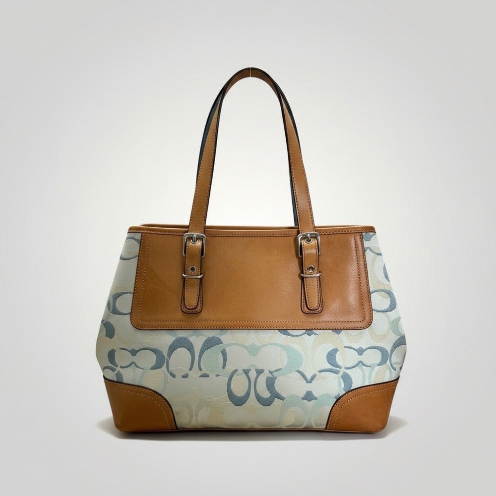 Coach Hampton Signature Tote Vintage Blue Tan Leather Monogram Bag Y2K Coastal